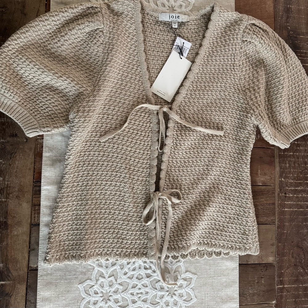 Joie Tie Front Knit Cardigan Sweater Neutral Beige Puff Sleeve Size M NWT - Picture 6 of 7